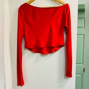 Meshki Red Satin Elegant Long Sleeve Crop Top Small